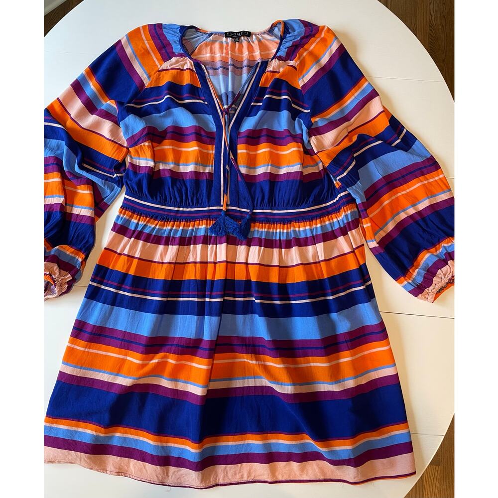 Eloquii Striped Mini Dress Sz 22 Tie Neck Tassels Long Balloon Sleeves Colorful - Picture 2 of 10